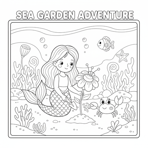 Mermaid coloring page: a mermaid planting a garden of sea flowers with a crab helper