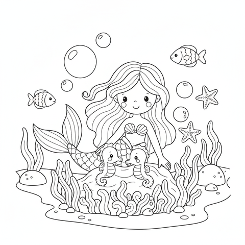 Mermaid coloring page: a mermaid tucking baby seahorses into a seaweed bed