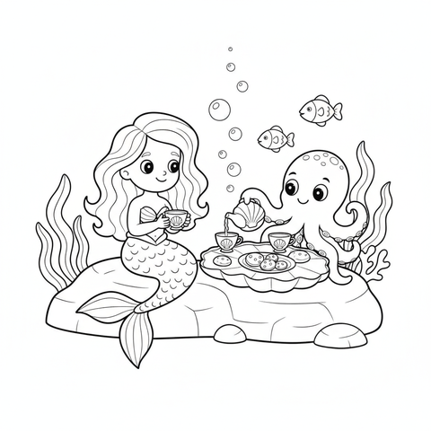 Mermaid coloring page: a mermaid having a seashell tea party with a friendly octopus