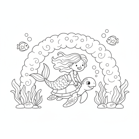 Mermaid coloring page: a mermaid racing a sea turtle through a coral archway
