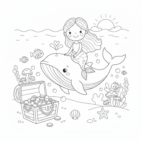 Mermaid coloring page: a mermaid riding a gentle whale past a sunken treasure chest