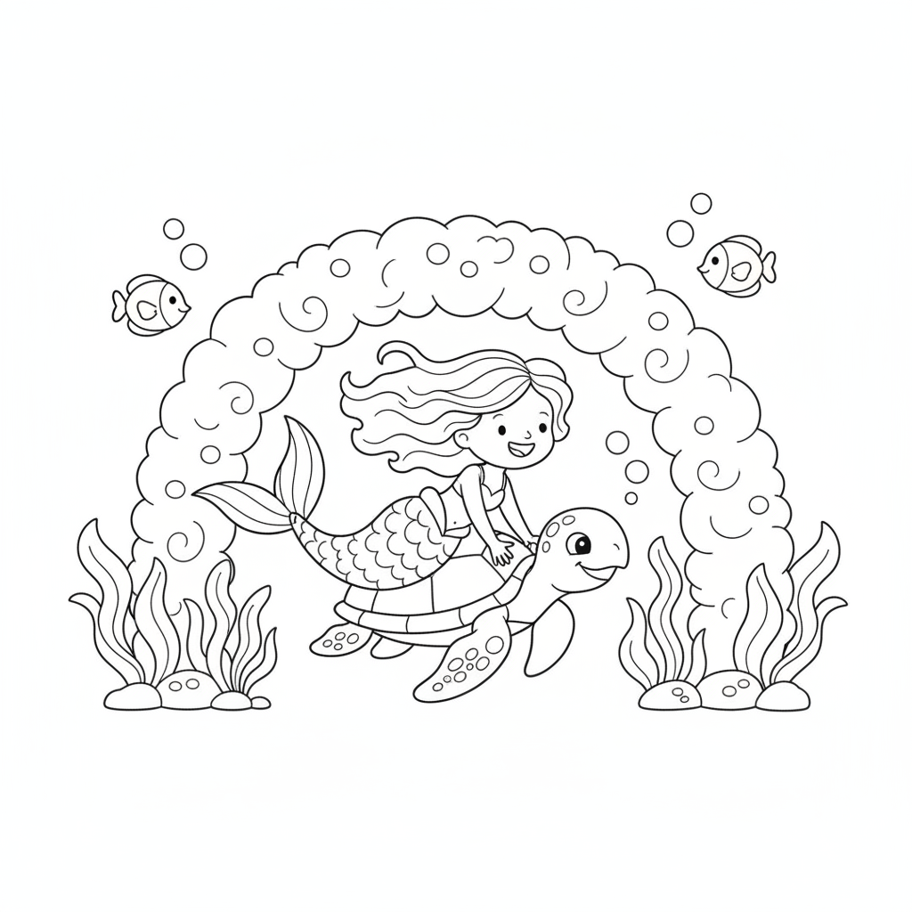 Mermaid coloring page showing a mermaid racing a sea turtle through a coral archway