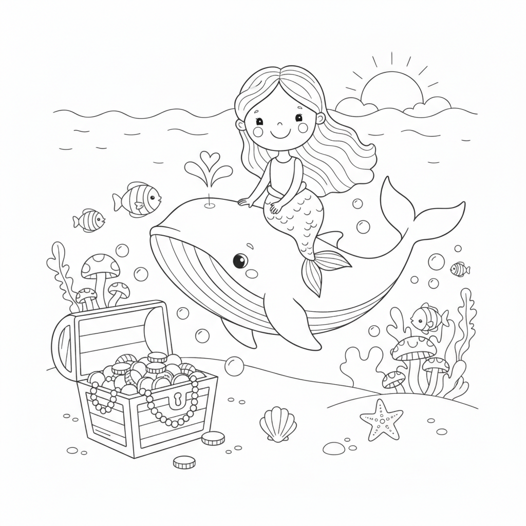 Mermaid coloring page showing a mermaid riding a gentle whale past a sunken treasure chest