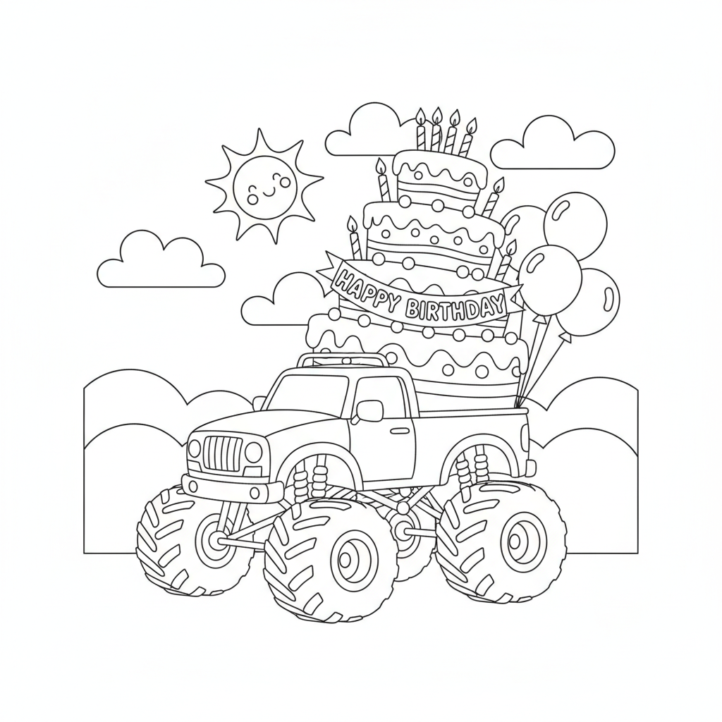 Monster truck coloring page showing a monster truck carrying a giant birthday cake in its truck bed