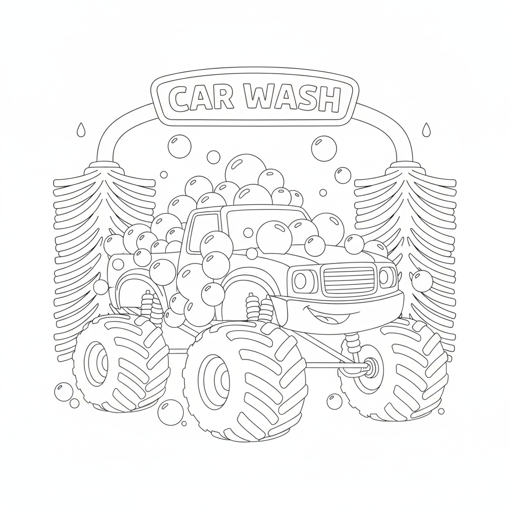 Monster truck coloring page showing a monster truck covered in bubbles at the car wash