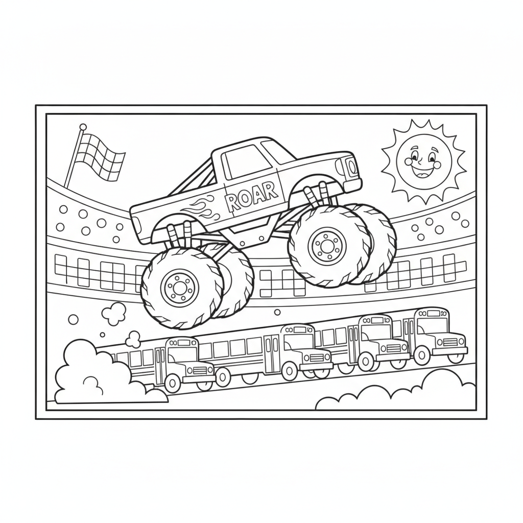 Monster truck coloring page showing a monster truck flying over a row of school buses at a stadium show
