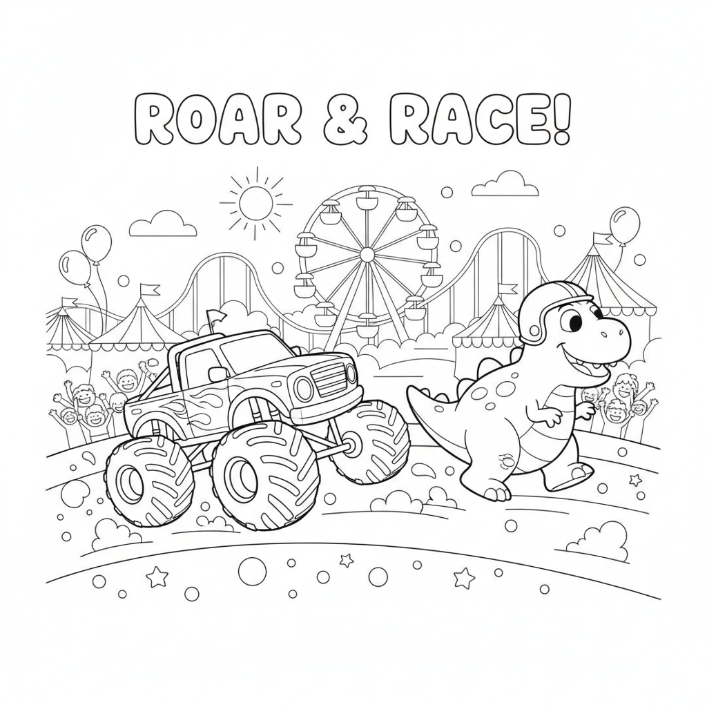 Monster truck coloring page showing a monster truck racing a friendly dinosaur at the fairgrounds
