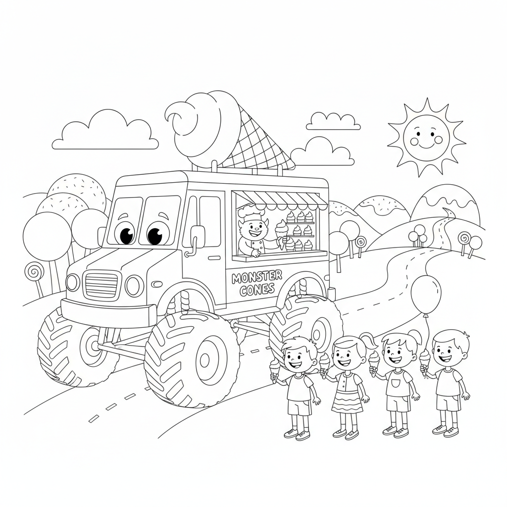 Monster truck coloring page showing a monster truck ice cream truck serving cones to a line of kids