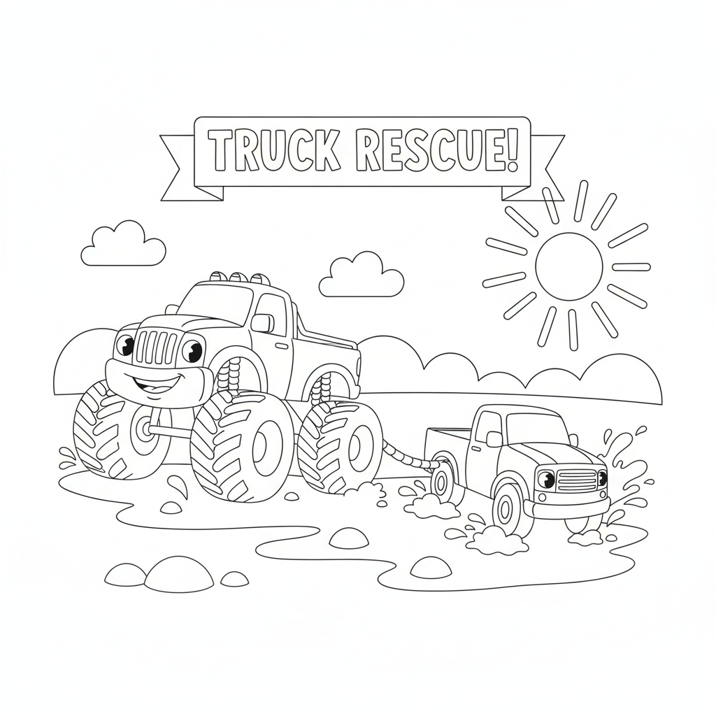 Monster truck coloring page showing a monster truck towing a smaller truck out of the mud