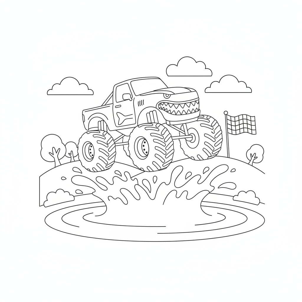Monster truck coloring page showing a monster truck with shark teeth painted on the front splashing through a giant mud puddle