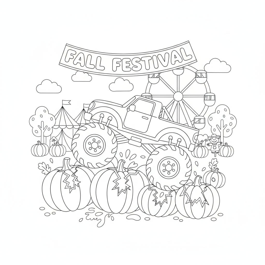 Monster truck coloring page showing a monster truck crushing giant pumpkins at a fall festival