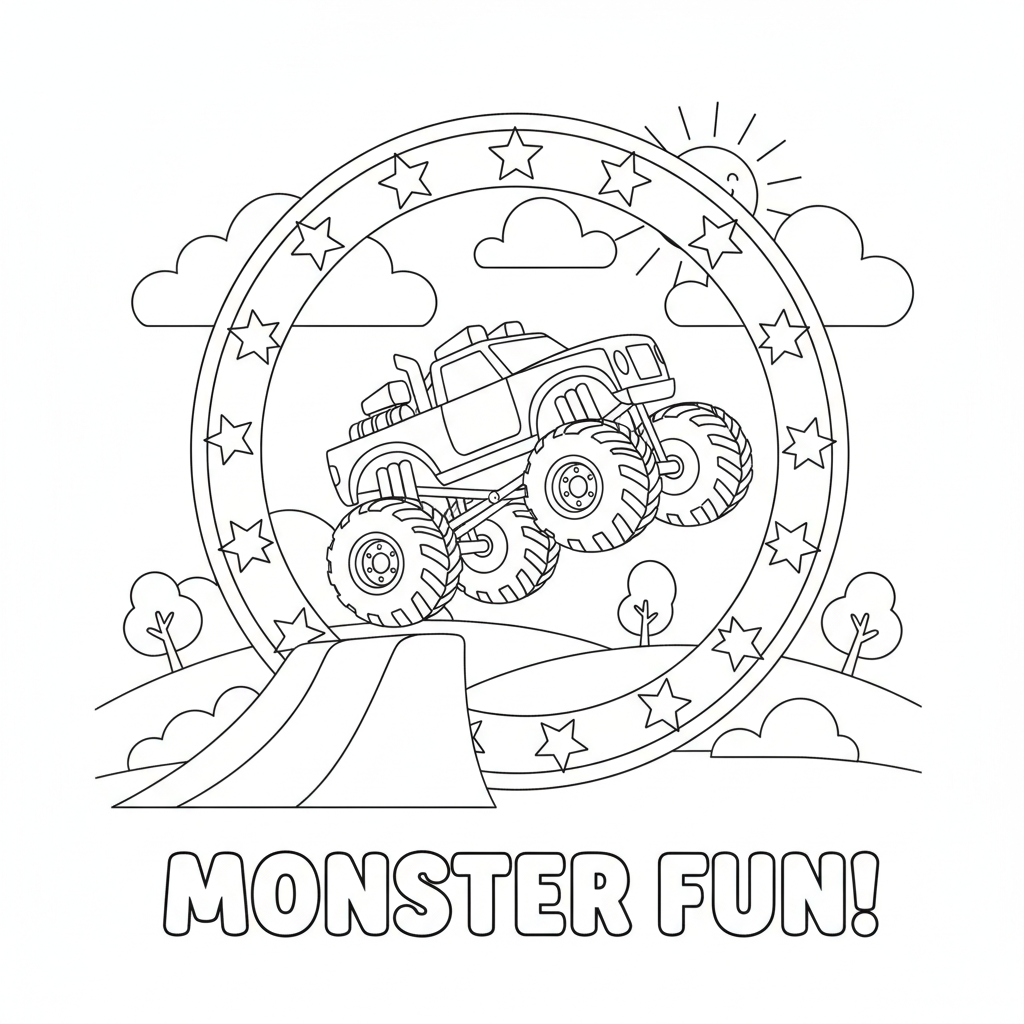 Monster truck coloring page showing a monster truck flying off a ramp through a giant ring of stars
