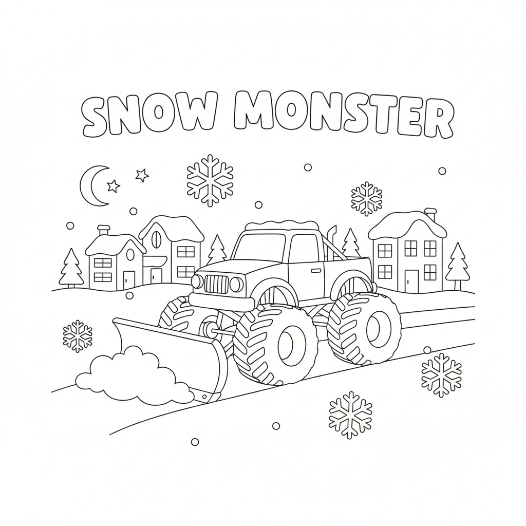Monster truck coloring page showing a monster truck with a snowplow clearing a snowy neighborhood street