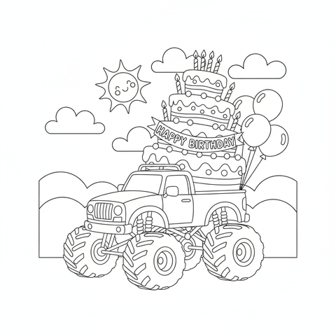 Monster truck coloring page: a monster truck carrying a giant birthday cake in its truck bed