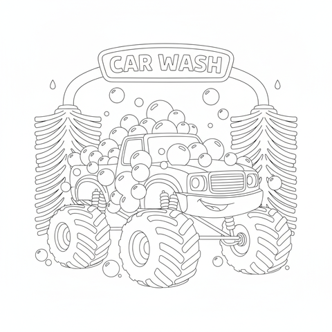 Monster truck coloring page: a monster truck covered in bubbles at the car wash