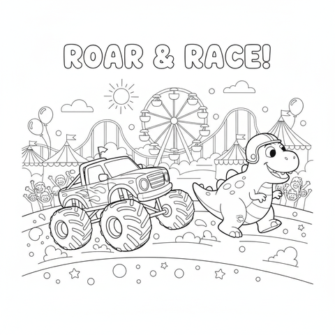 Monster truck coloring page: a monster truck racing a friendly dinosaur at the fairgrounds
