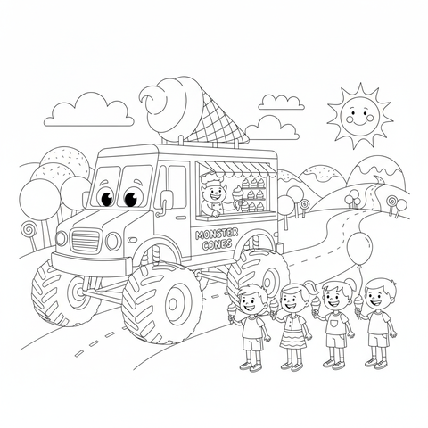 Monster truck coloring page: a monster truck ice cream truck serving cones to a line of kids