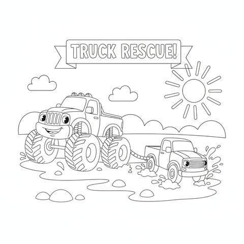 Monster truck coloring page: a monster truck towing a smaller truck out of the mud