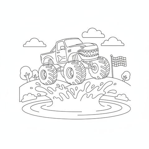 Monster truck coloring page: a monster truck with shark teeth painted on the front splashing through a giant mud puddle