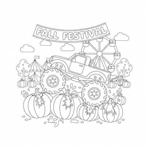 Monster truck coloring page: a monster truck crushing giant pumpkins at a fall festival