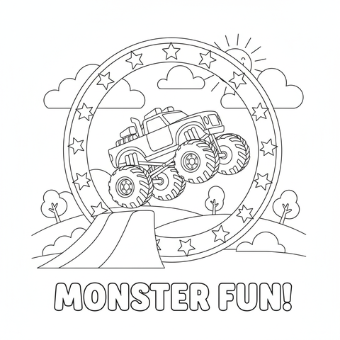 Monster truck coloring page: a monster truck flying off a ramp through a giant ring of stars