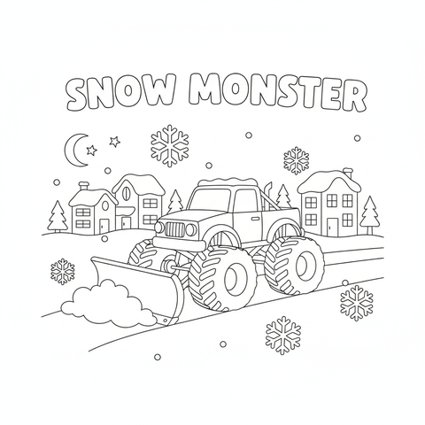 Monster truck coloring page: a monster truck with a snowplow clearing a snowy neighborhood street
