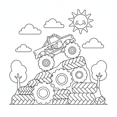 Monster truck coloring page: a monster truck climbing a mountain of stacked tires