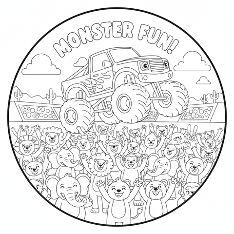 Monster truck coloring page: a monster truck doing a wheelie in front of a cheering crowd of animals