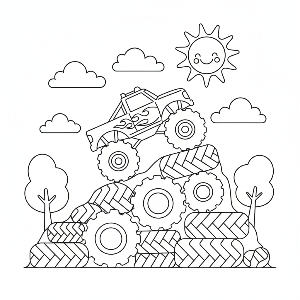 Monster truck coloring page showing a monster truck climbing a mountain of stacked tires