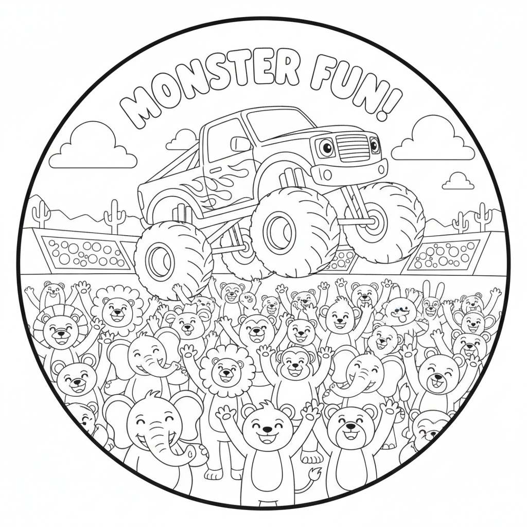 Monster truck coloring page showing a monster truck doing a wheelie in front of a cheering crowd of animals