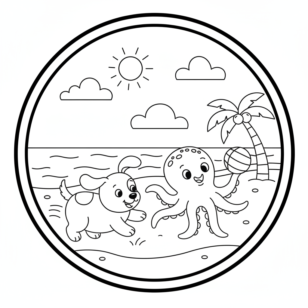 Puppy coloring page showing a puppy playing fetch with a friendly octopus at the beach