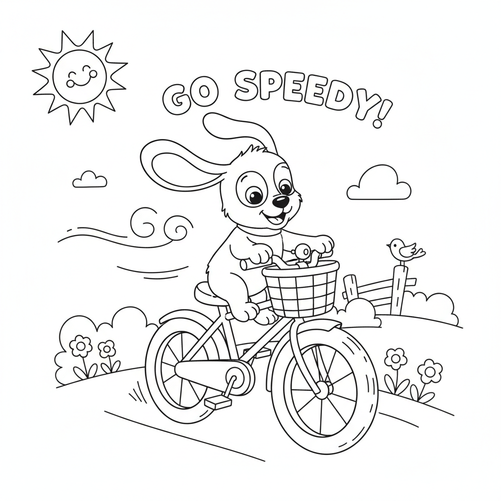 Puppy coloring page showing a puppy riding in a bicycle basket with its ears flying in the wind