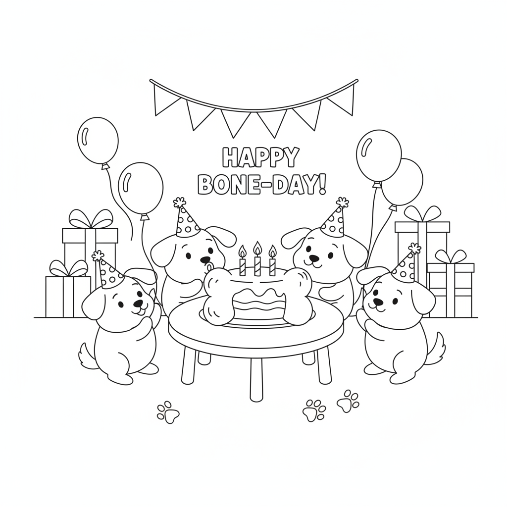 Puppy coloring page showing a puppy birthday party with a bone-shaped cake