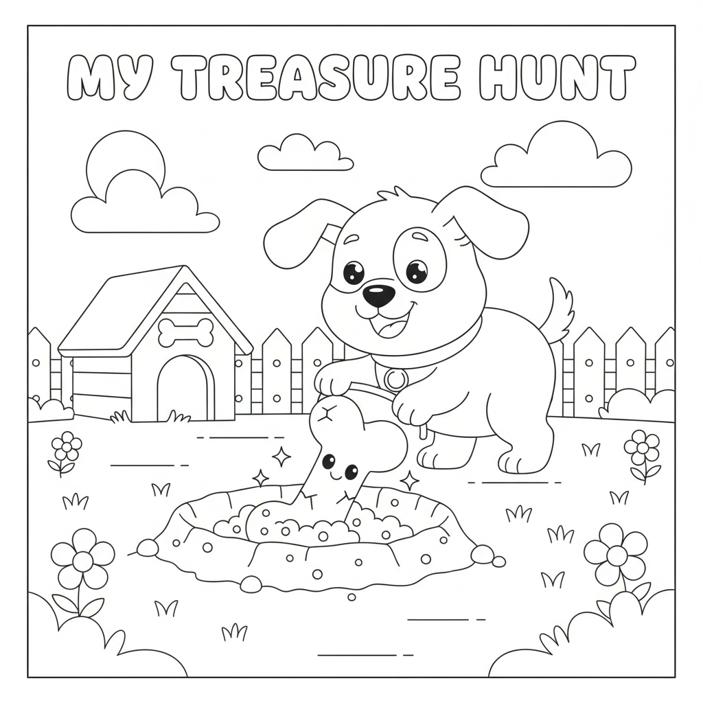 Puppy coloring page showing a puppy digging up a buried bone treasure in the backyard