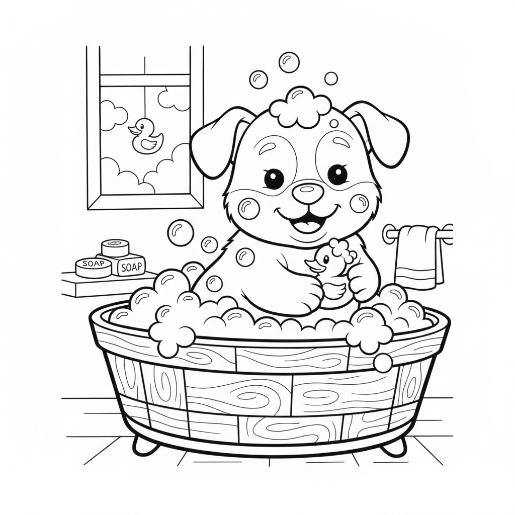 Puppy coloring page showing a puppy taking a bubble bath in a wooden tub