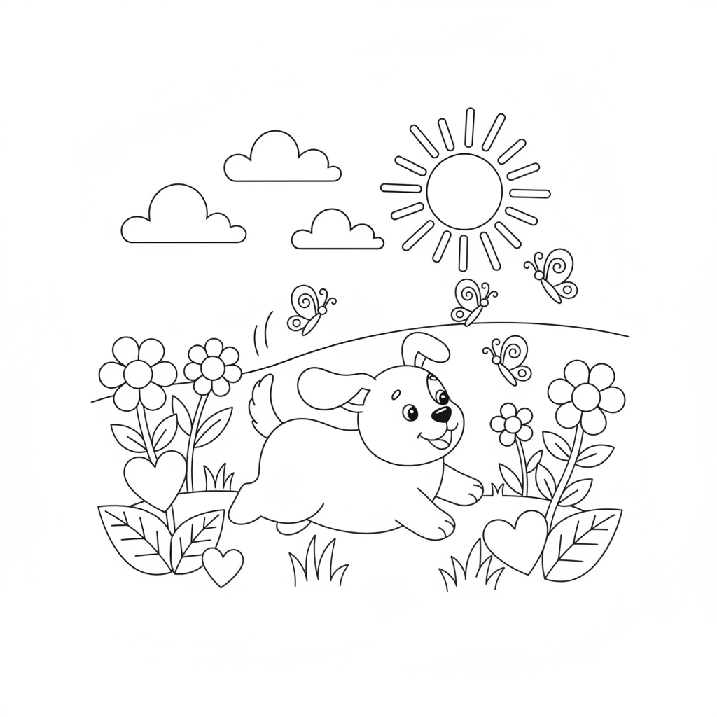 Puppy coloring page showing a puppy chasing butterflies through a flower meadow