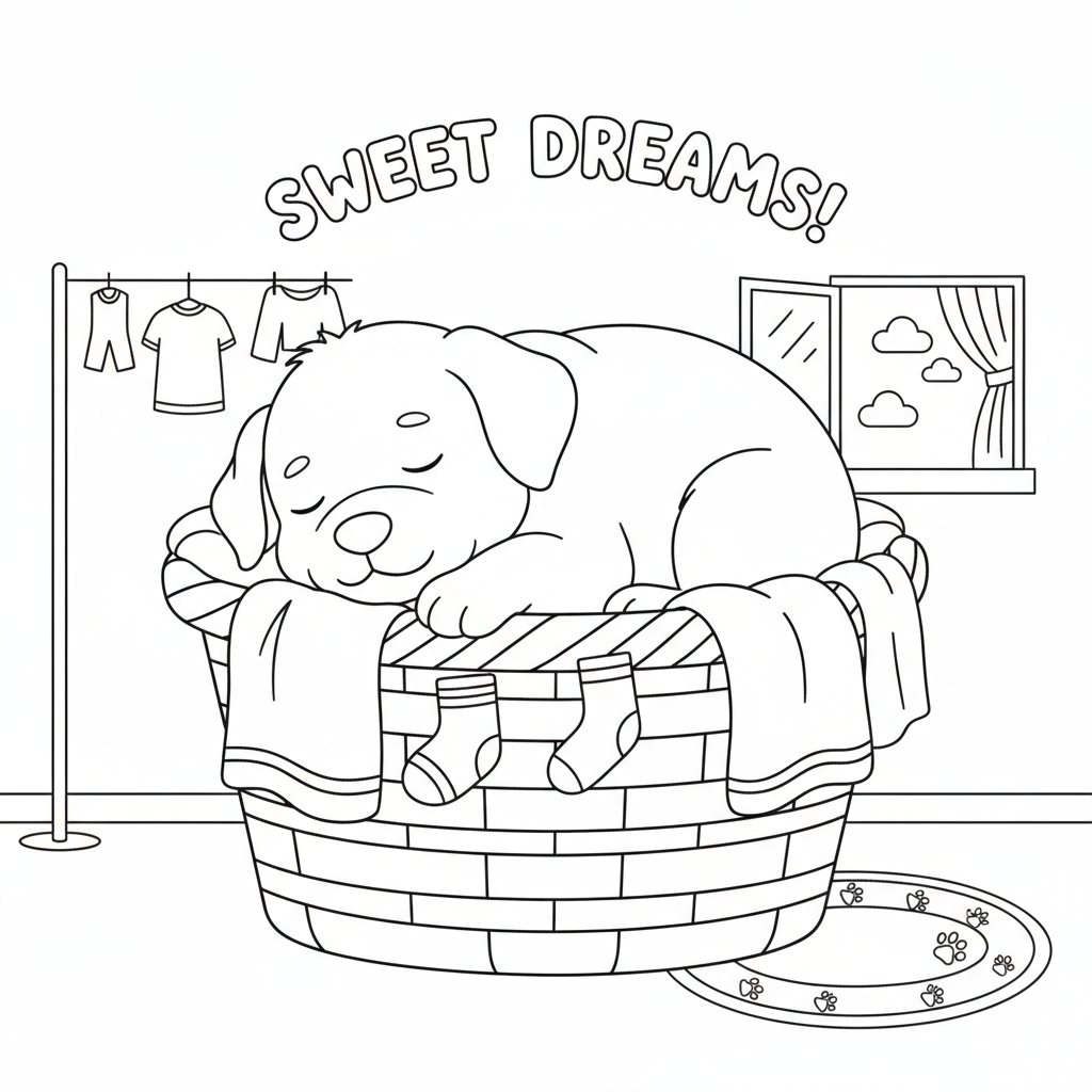 Puppy coloring page showing a puppy asleep in a basket of clean laundry