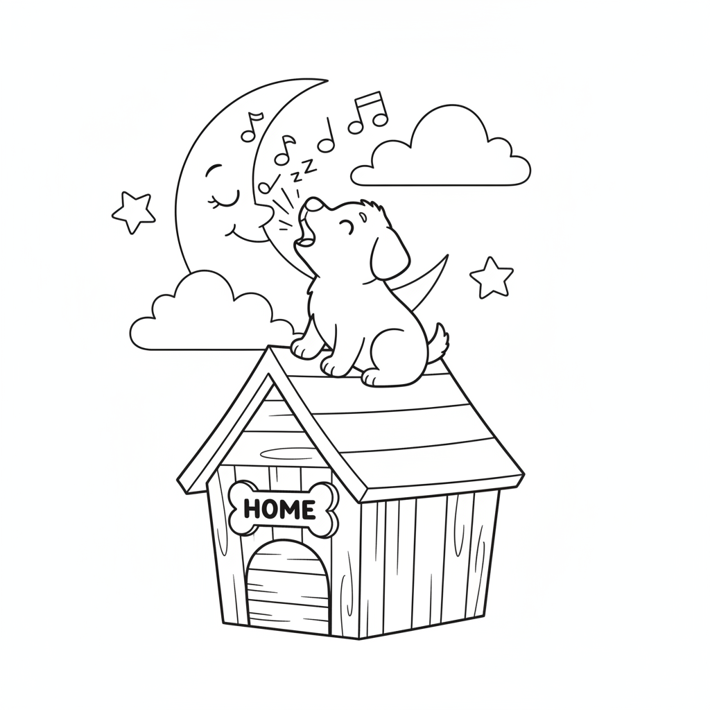 Puppy coloring page showing a puppy howling a lullaby to the moon from the roof of its doghouse