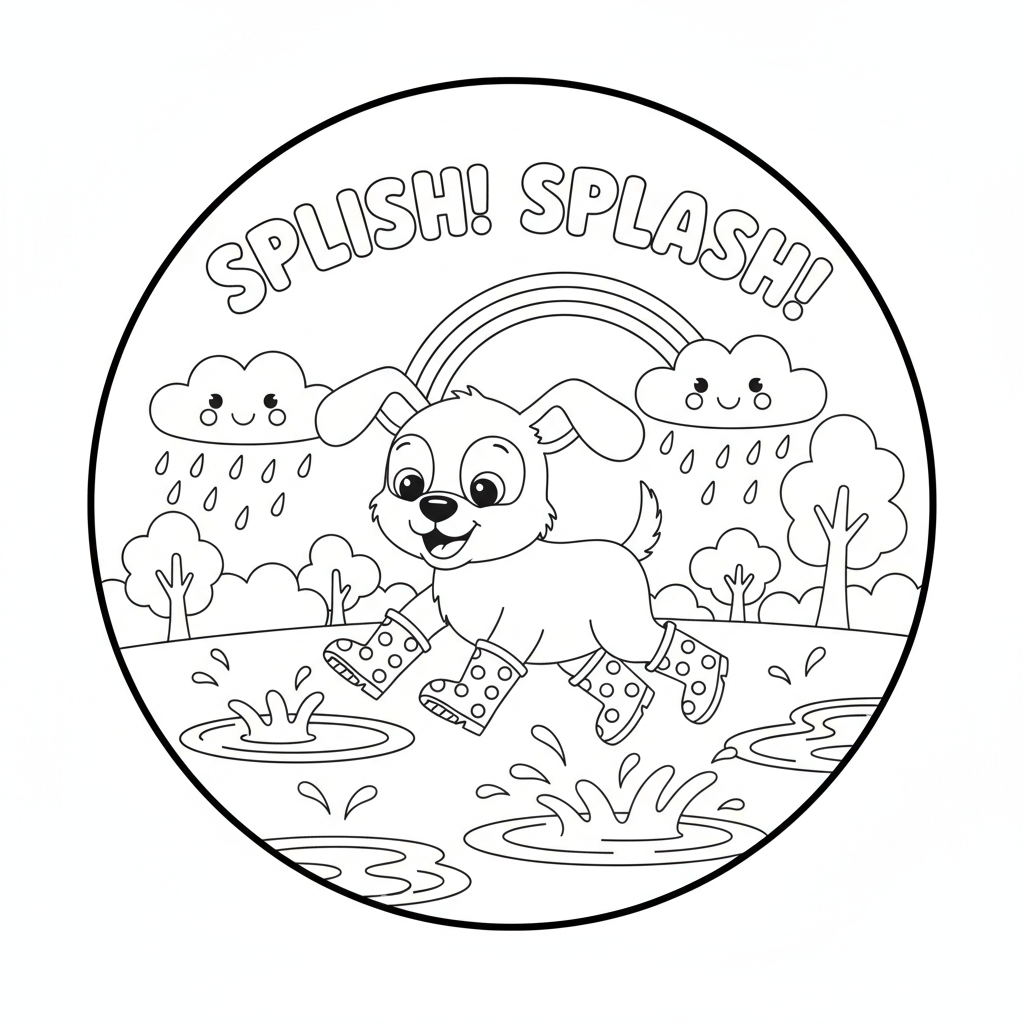Puppy coloring page showing a puppy wearing tiny rain boots splashing in puddles