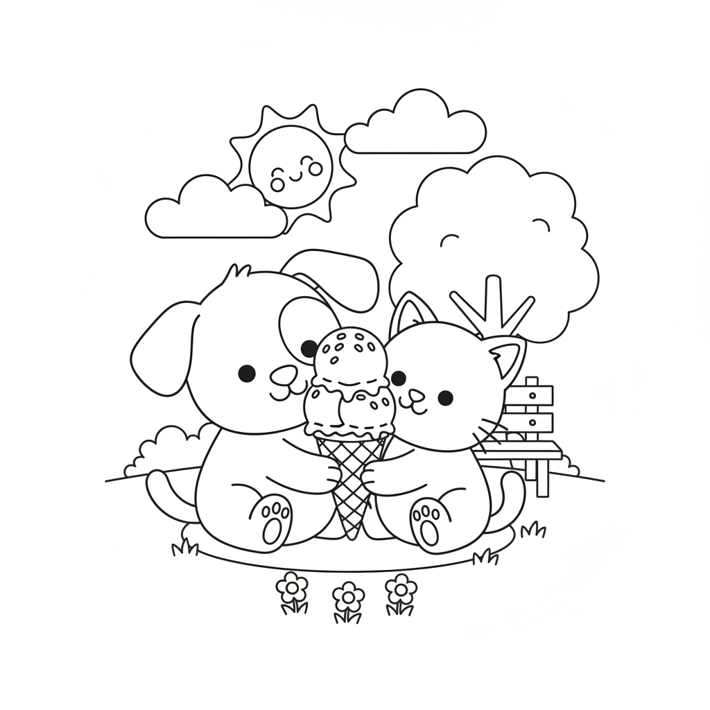 Puppy coloring page showing a puppy sharing an ice cream cone with a kitten