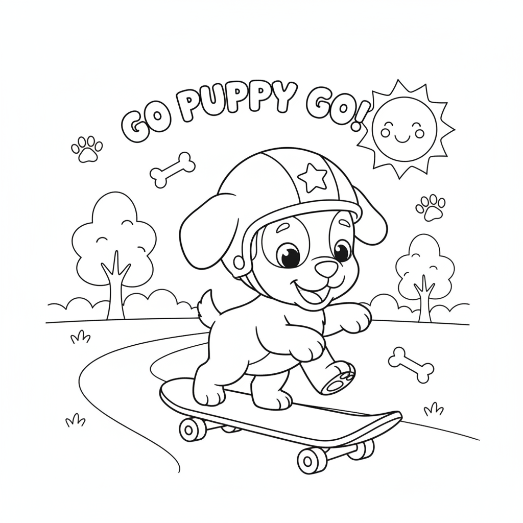 Puppy coloring page showing a puppy learning to ride a skateboard while wearing a little helmet