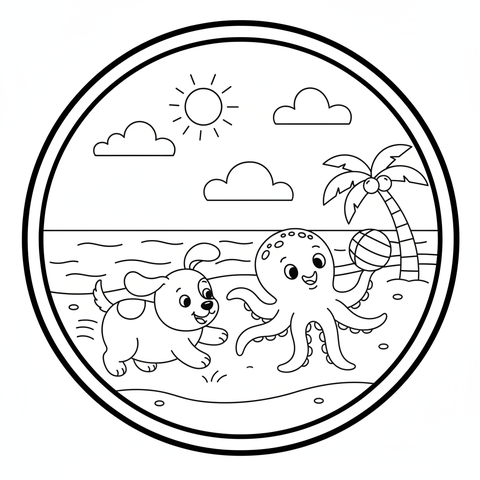 Puppy coloring page: a puppy playing fetch with a friendly octopus at the beach