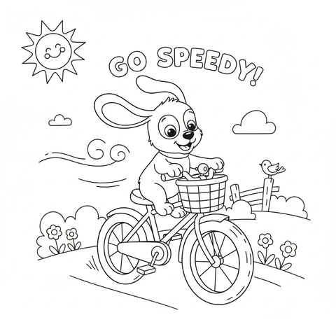 Puppy coloring page: a puppy riding in a bicycle basket with its ears flying in the wind