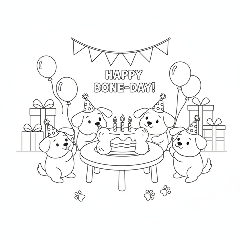 Puppy coloring page: a puppy birthday party with a bone-shaped cake