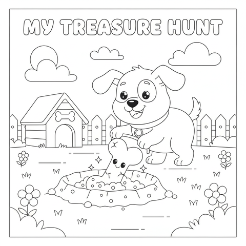 Puppy coloring page: a puppy digging up a buried bone treasure in the backyard