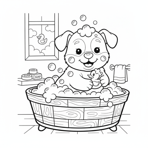Puppy coloring page: a puppy taking a bubble bath in a wooden tub