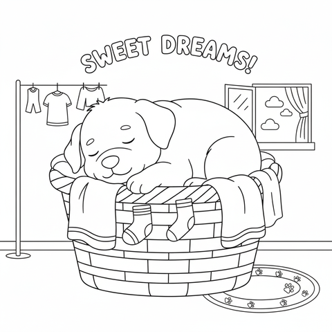 Puppy coloring page: a puppy asleep in a basket of clean laundry