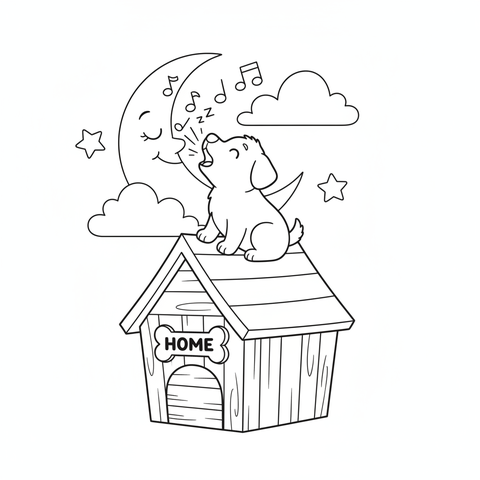 Puppy coloring page: a puppy howling a lullaby to the moon from the roof of its doghouse