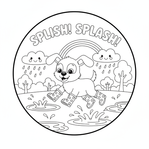 Puppy coloring page: a puppy wearing tiny rain boots splashing in puddles