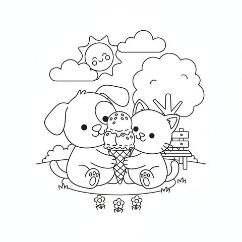 Puppy coloring page: a puppy sharing an ice cream cone with a kitten